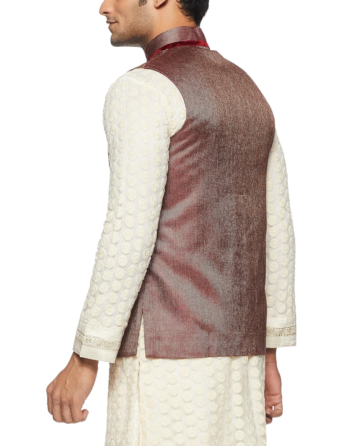 manu men's banded collar art silk waist coat