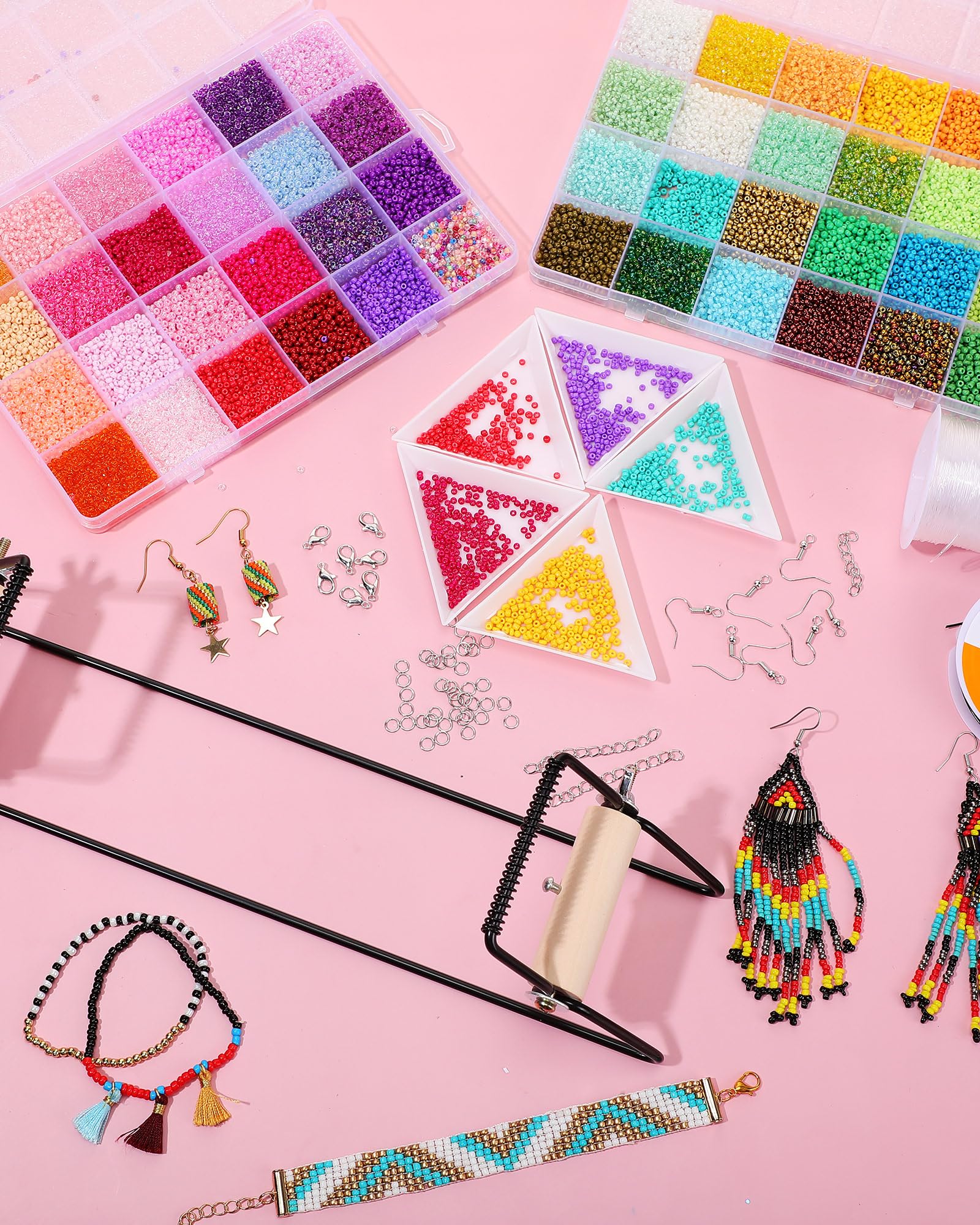 Jexine Bead Loom Kit for Adults 24000 Pcs Beading Loom Supplies with 48 Color 2 mm Glass Seed Bead Bracelets Christmas Jewelry Earring Making Tools Gifts for Women DIY Craft