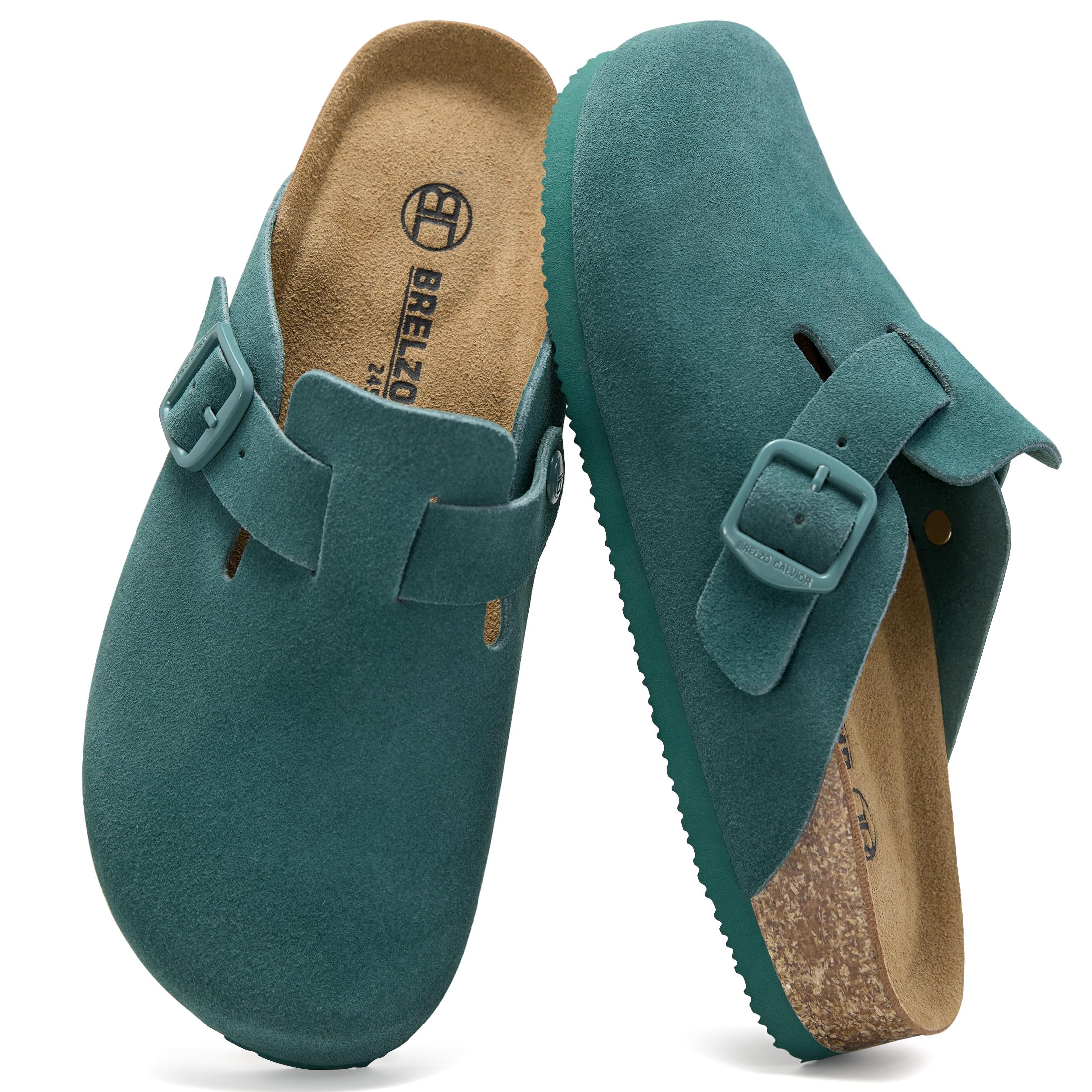 Brelzo Calvior Women's Suede Clogs Men's Slip-On Leather Mules Non-Slip Potato Shoes Arch Support Sandals with Adjustable Buckle for Indoor & Outdoor Use Peacock Green Image