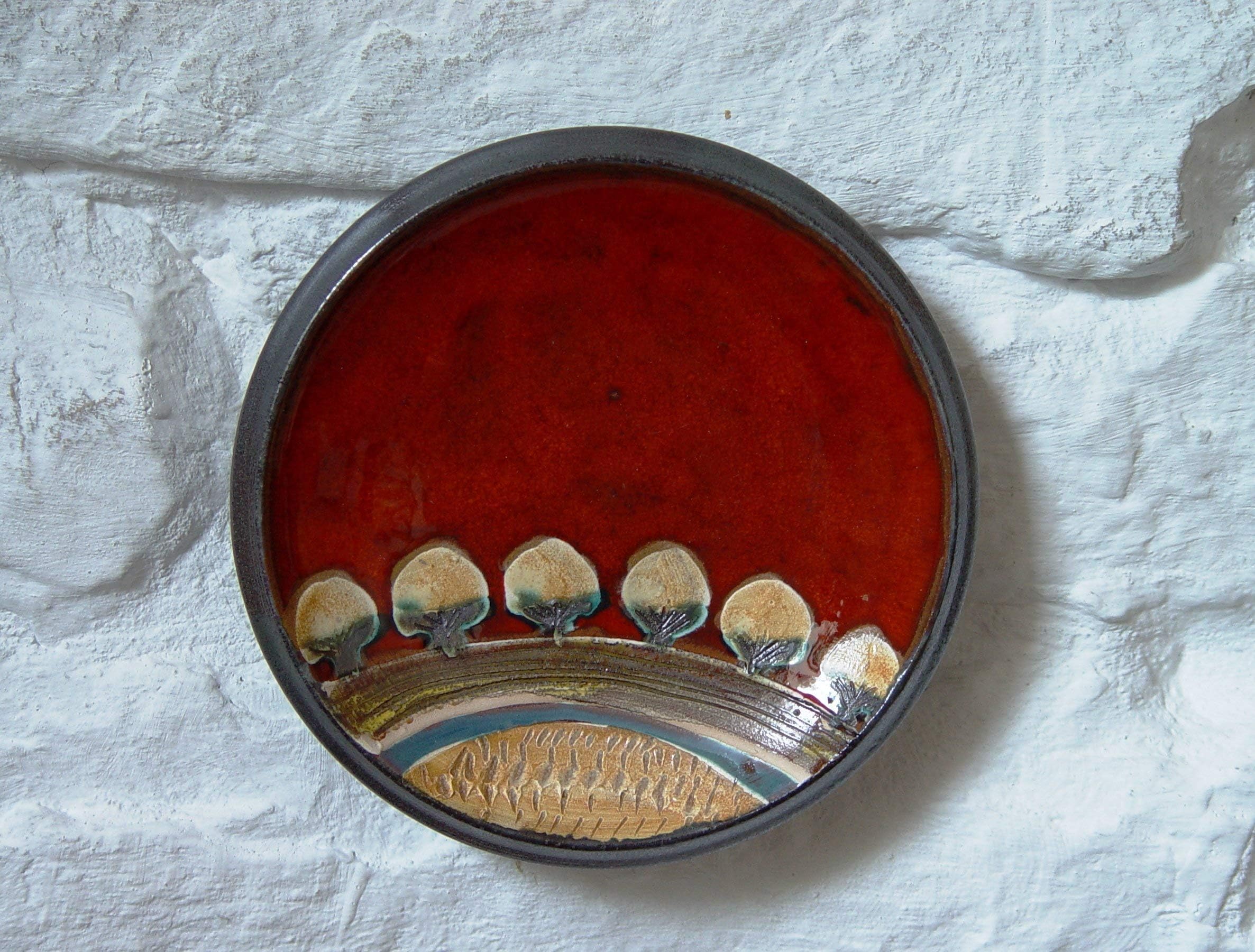 Red Ceramic Wall-Hanging Plate - Hand-Painted Kitchen Decor - Handmade Pottery