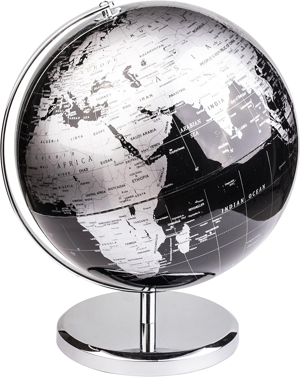 Exerz 30cm World Globe With a Metal Base, Metallic Black Earth Globe Geographic English Modern Map Desktop Decoration