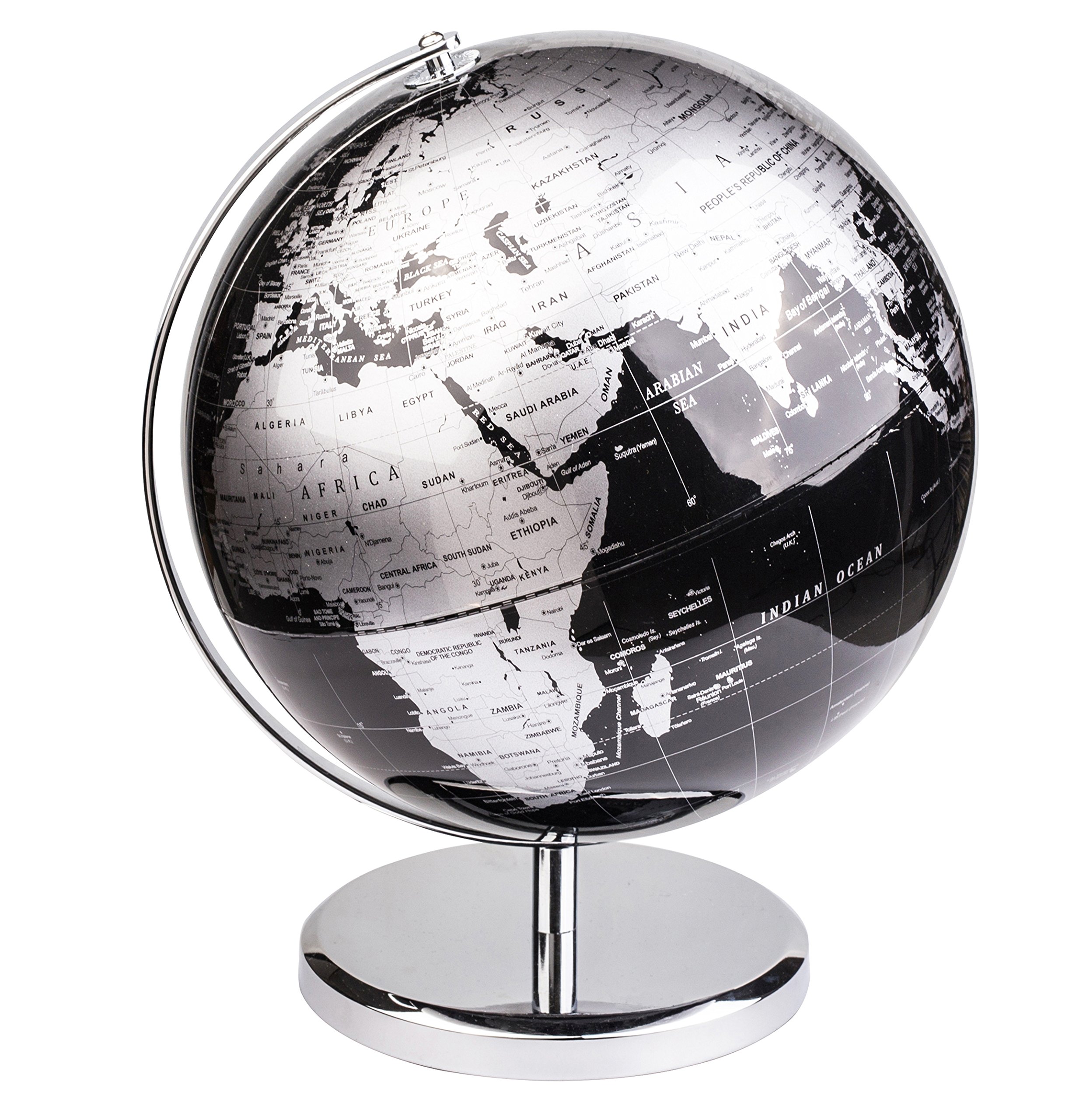 Exerz 30cm World Globe With a Metal Base, Metallic Black Earth Globe Geographic English Modern Map Desktop Decoration