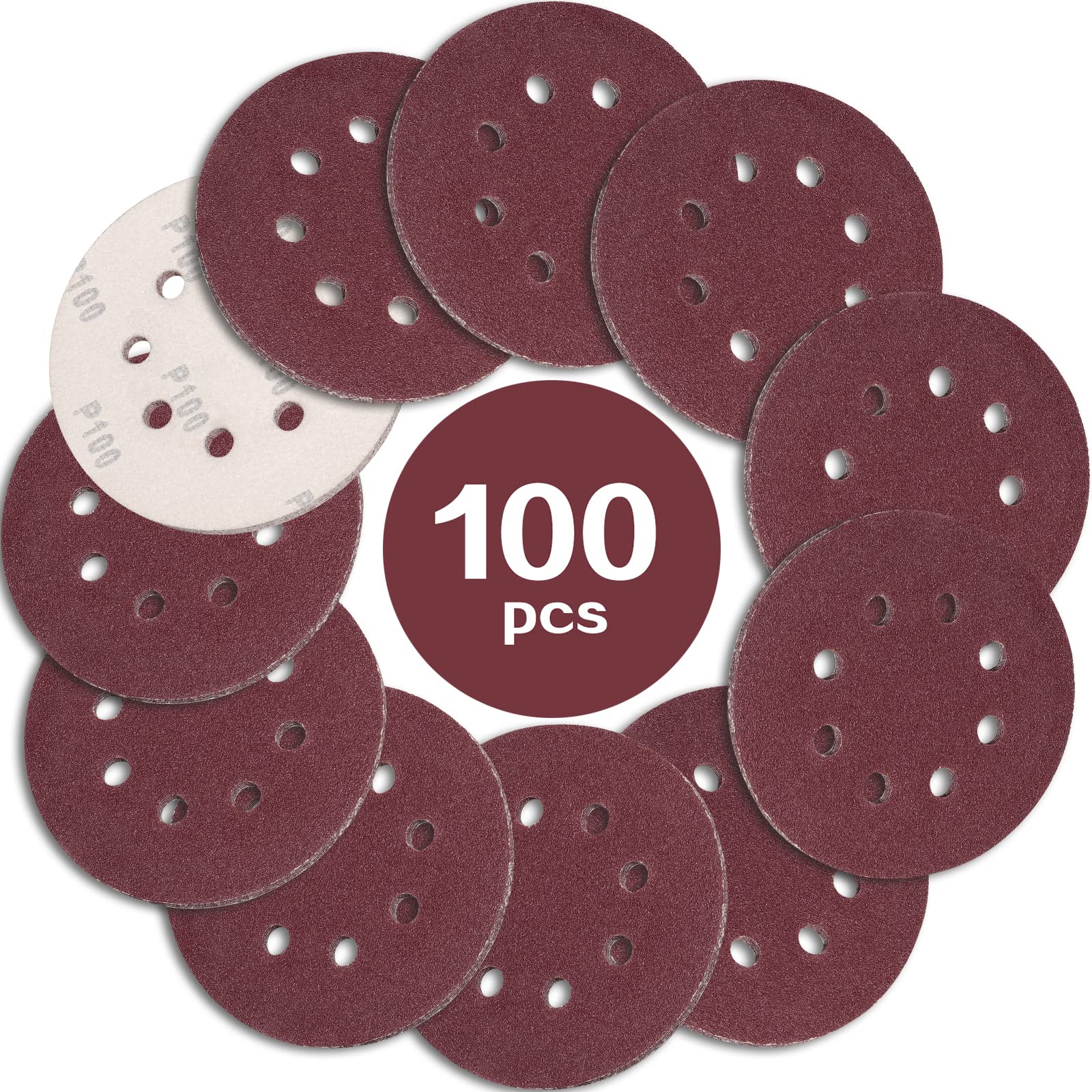 STEBRUAM 100PCS 125mm Sanding Discs 100 Grit, 5 Inch 8 Hole Hook and Loop Sanding Pads for Random Orbital Sander