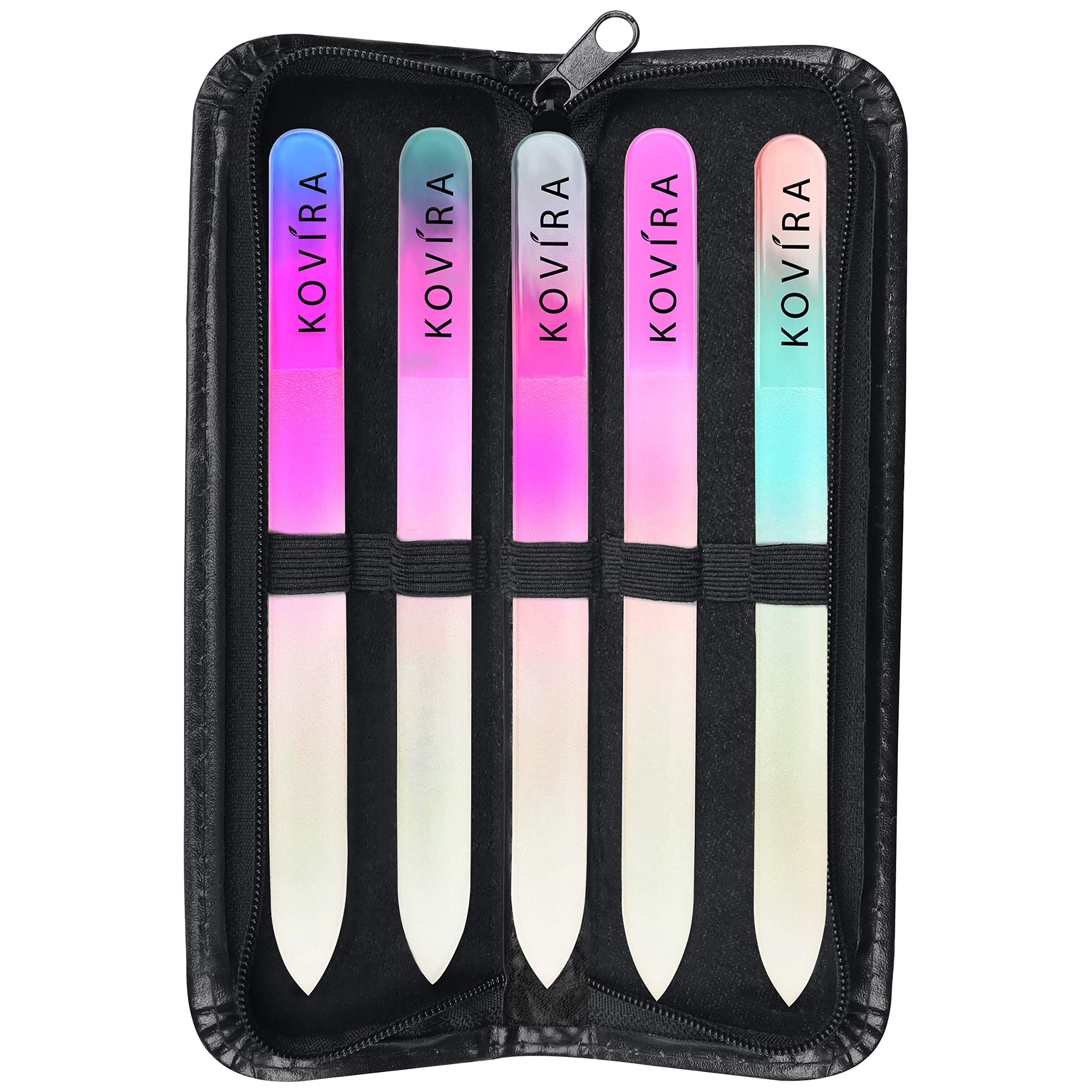 Kovira Glass Nail Files with Case (Pack of 5) - Long Lasting Double-Sided Glass File - Manicure/Pedicure Set for Natural Nails and False Nails - Professional Crystal File