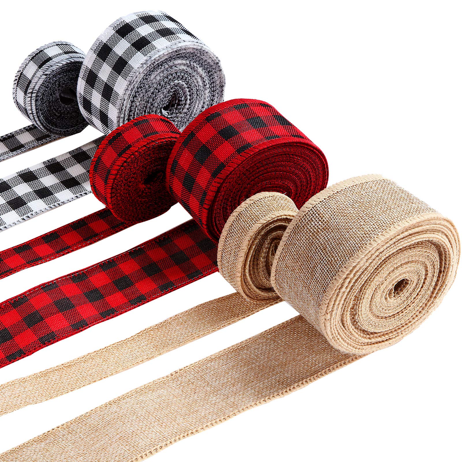 6 Rolls 45 Yards Christmas Wired Edge Ribbons Black Red Plaid Ribbon Black and White Buffalo Plaid Ribbon Burlap Craft for DIY Wrapping, Crafts Decoration, 2 Inch and 1 Inch