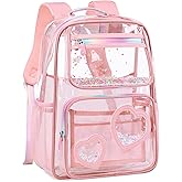 KIDNUO Clear Backpack for Girls,Clear Bookbag Heavy Duty Transparent Backpacks for Stadium Events, See Through Back Pack for Kindergarten Elementary Middle High School (Pink)