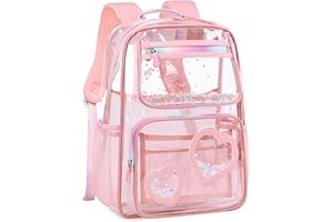 KIDNUO Clear Backpack for Girls Kids Elementary Bookbags Transparent Stadium Approved Travel Daypack See Through Middle College School Bag Large Laptop Backpack for Women Teens Students (Pink) …