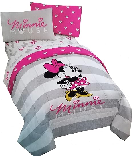 Disney Minnie Mouse 4pc Pink Gray Reversible Twin Comforter And Sheet Set