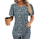 Ficerd Women's Pleated Tunic Top 2025 Crew Neck Spring Short Sleeve Loose Dressy Summer Blouses Fit Trendy T-shirts Tops