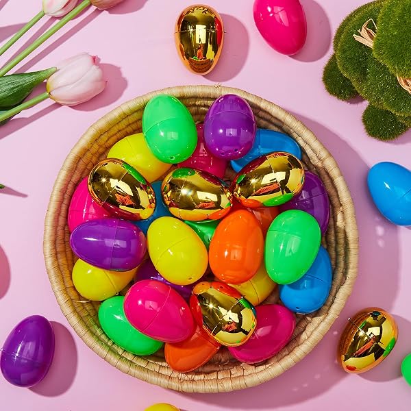 JOYIN 200PCS EASTER EGGS, EMPTY 2.3″ 194PCS COLORFUL WITH 6PCS GOLDEN EGGS BULK PLASTIC FILLABLE FOR EASTER HUNT PARTY FAVOR BASKET STUFFERS FILLER CLASSROOM PRIZE SUPPLIES DECOR