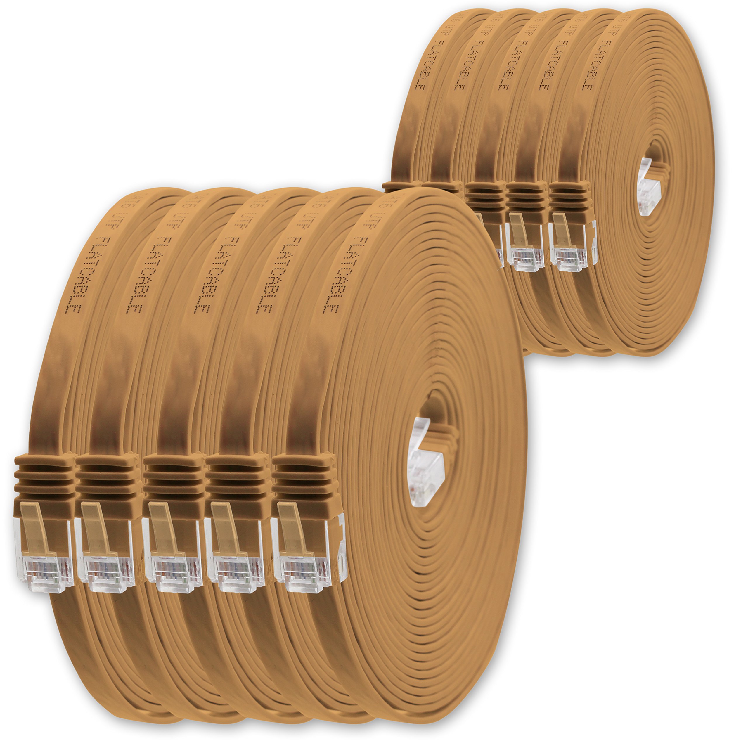 1.5m Light Brown Cat.6 Flat Network Cable - 10 Pack, Ultra Flat, Gigabit LAN (RJ45), Slim Micro