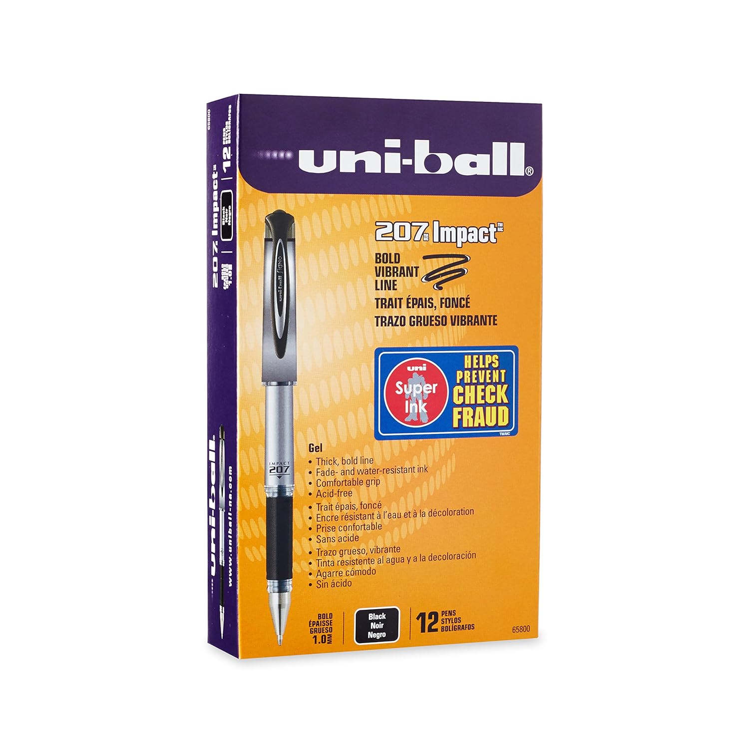 uni ball 207 Impact Gel Pens, Bold Point 1.0mm , Black, 12 Count