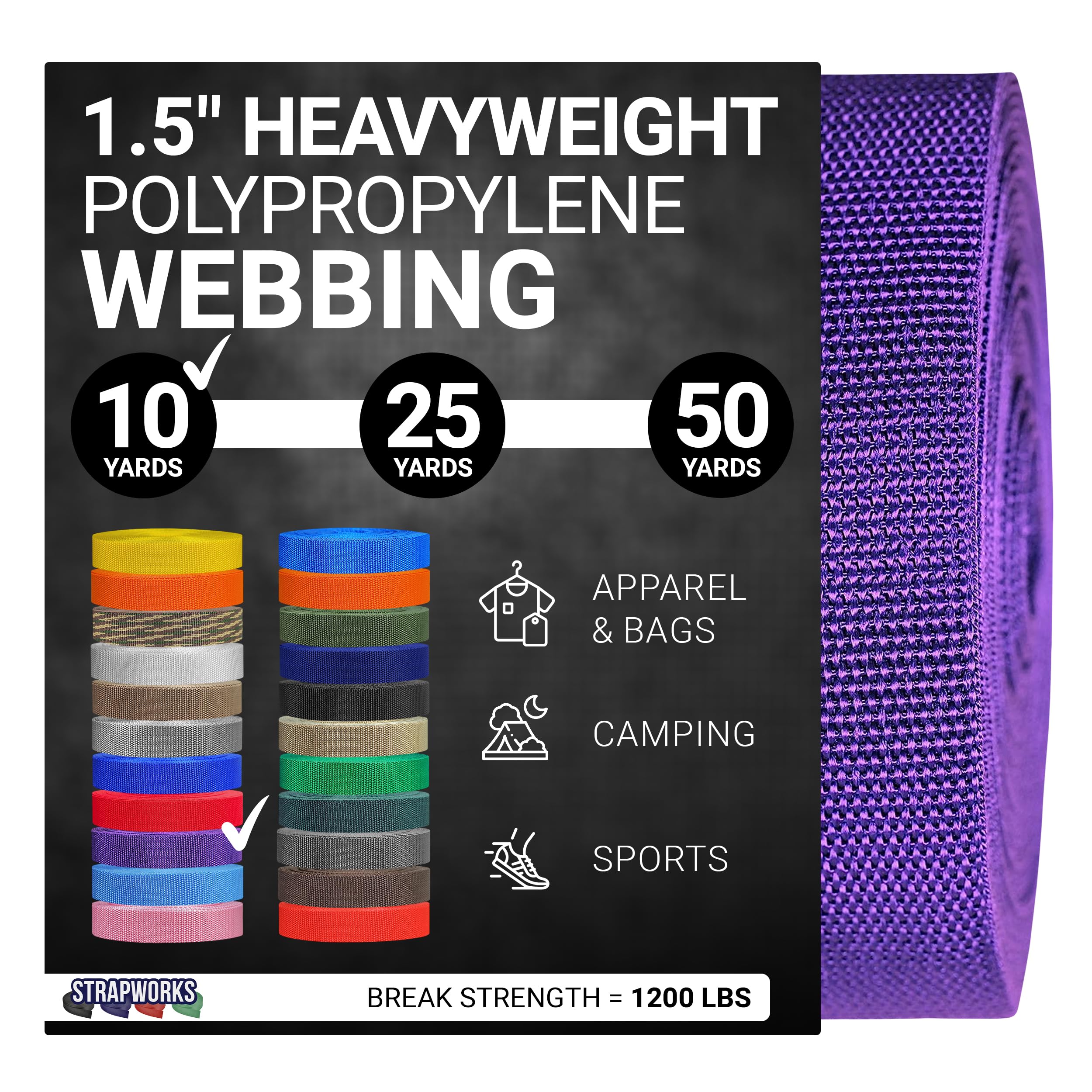 Strapworks Heavyweight Polypropylene Webbing - Heavy Duty Poly Strapping for Outdoor DIY Gear Repair, 1.5 Inch x 10 Yards, Purple