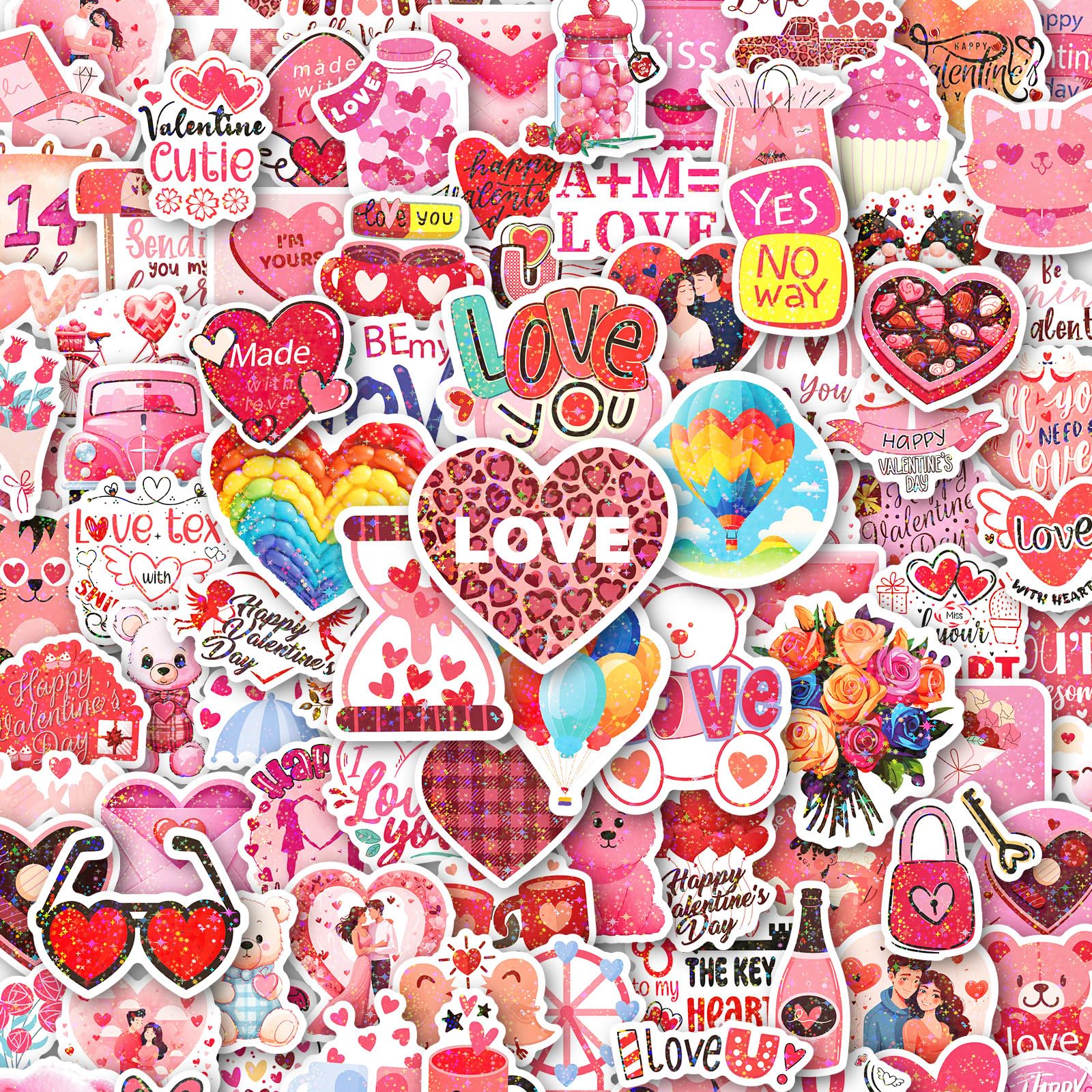 Photo 1 of 100Pcs Valentines Stickers for Kids, Holographic Heart Stickers Bulk for Valentines Day Gifts for Kids Classroom School Exchange,Thickened Backing Vinyl Decals, Party Favors, Goodie Bags Decorations