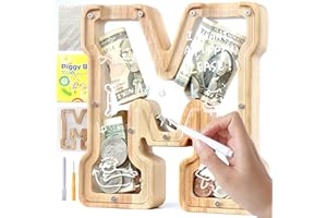 weallbuy Letter Piggy Bank for Kids Boys Girls Wooden Personalized Piggy Banks A-Z Double Clear Alphabet Banknote Coin Banks for Gift Decoration Baptism(M)