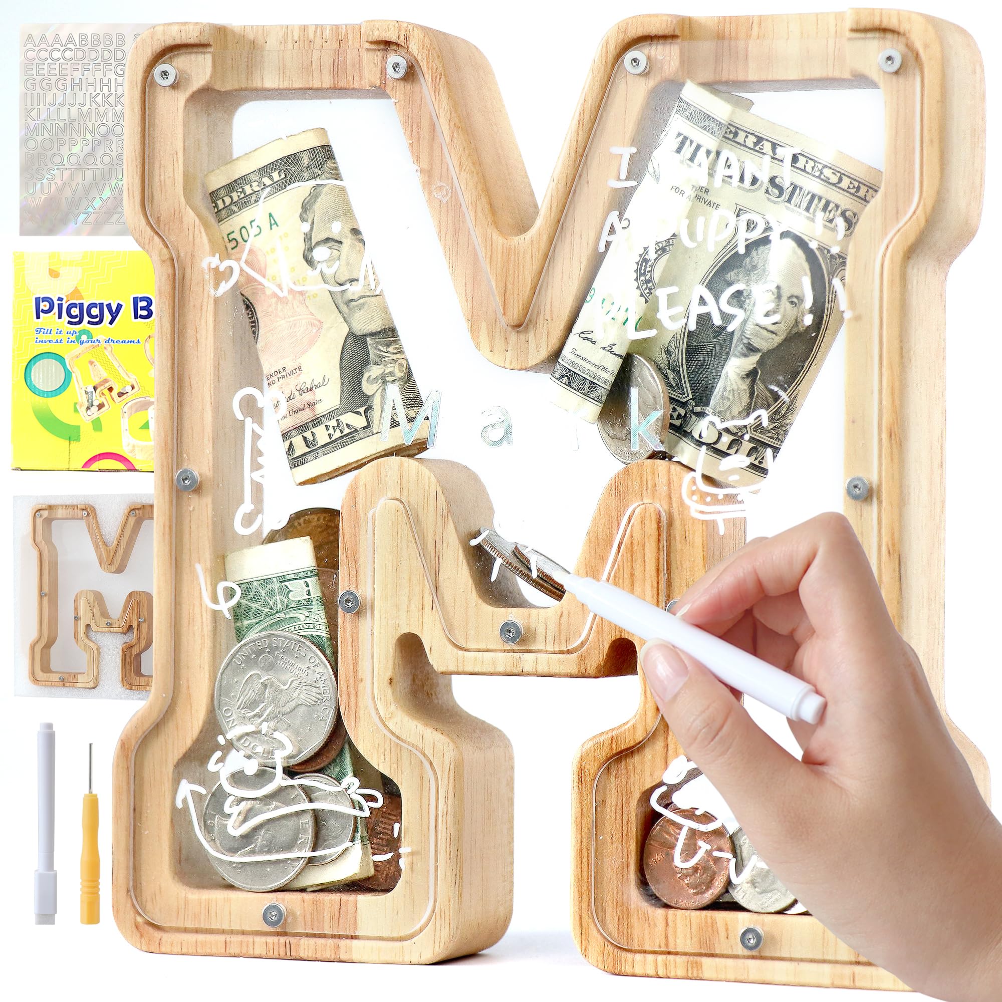 Mikytoper Letter Money Box for Kids Wooden Personalized A-Z Alphabet Piggy Bank Clear Money Bank Coin Bank for Gift Decoration Baptism (M)