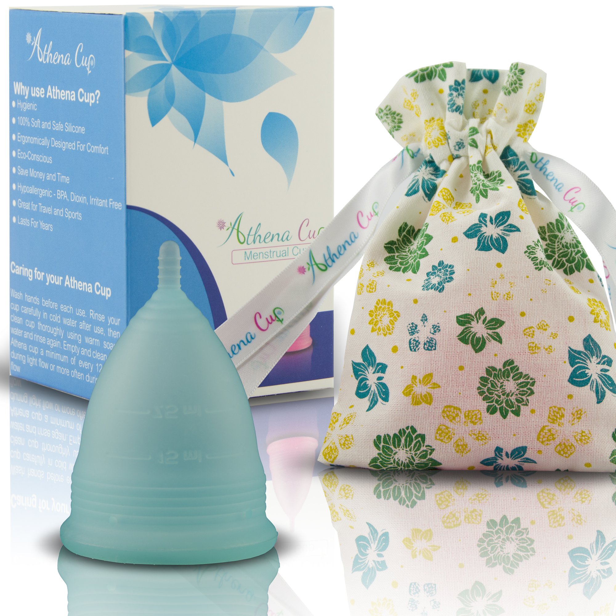 Athena Menstrual Cup One-Pack, Period Cups for Regular to Heavy Flow (Size 2 Large) - Soft Reusable Menstruation Cup - BPA Free Feminine Silicone Cup - Easy to Use and Clean Tampon and Pad Alternative (Transparent Blue)