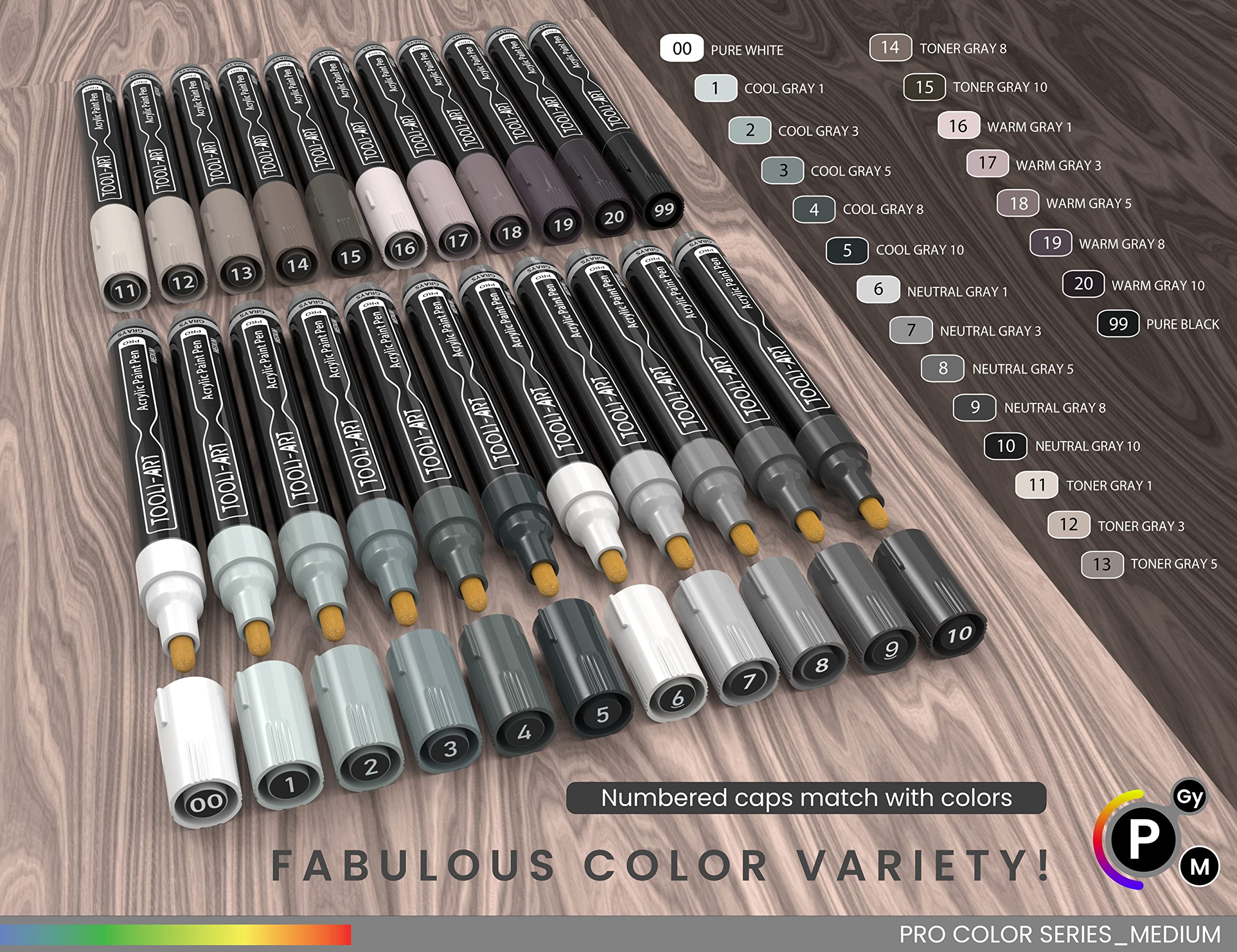 TOOLI-ART Acrylic Paint Pens 22 Assorted Pro Colour Series Markers Set 3mm Medium Tip for Rock Painting, Glass, Mugs, Wood, Metal, Canvas, DIY Projects, Non Toxic, Waterbased, Quick Drying. (GREY)
