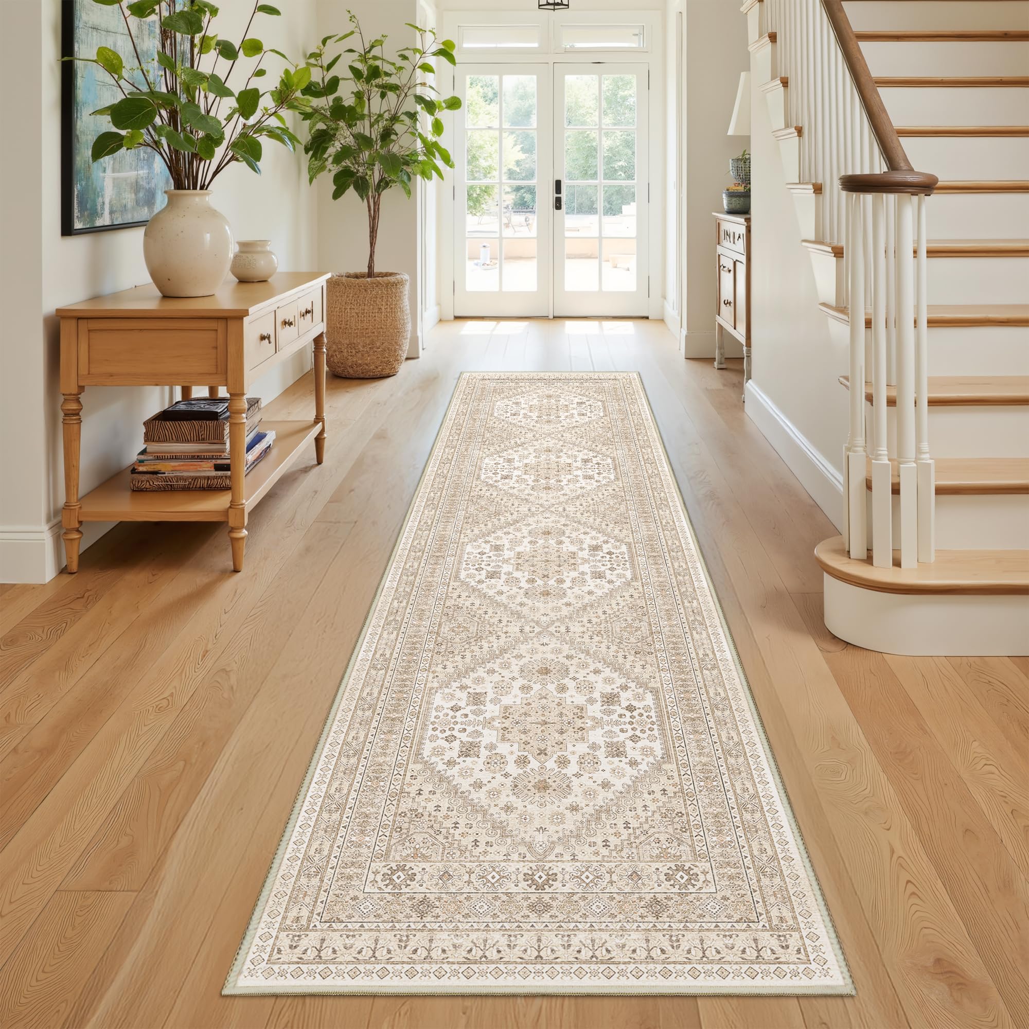 Photo 1 of Restydon Runner Rug 2x8 Runners for Hallways Non Slip Washable, Vintage Hallway Runner Rugs for Living Room, Low Pile Soft Hallway Rug for Kitchen Bedroom Laundry Room(Cream/Beige,2'x8')