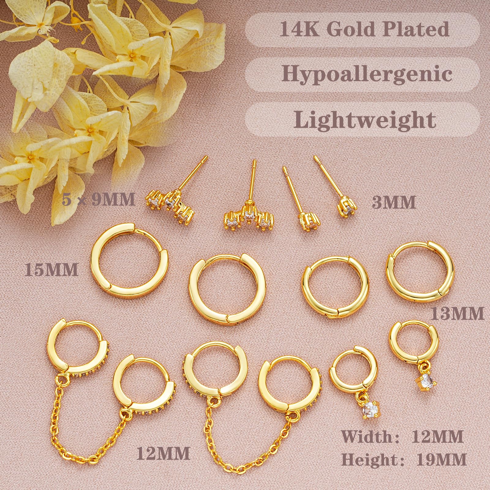 Gold Earrings Set for Women, 14K Gold Plated Stud and Cartilage Earring Sets for Multiple Piercing, Hypoallergenic Stackable Small Gold Huggie Hoop Earrings for Women Jewelry