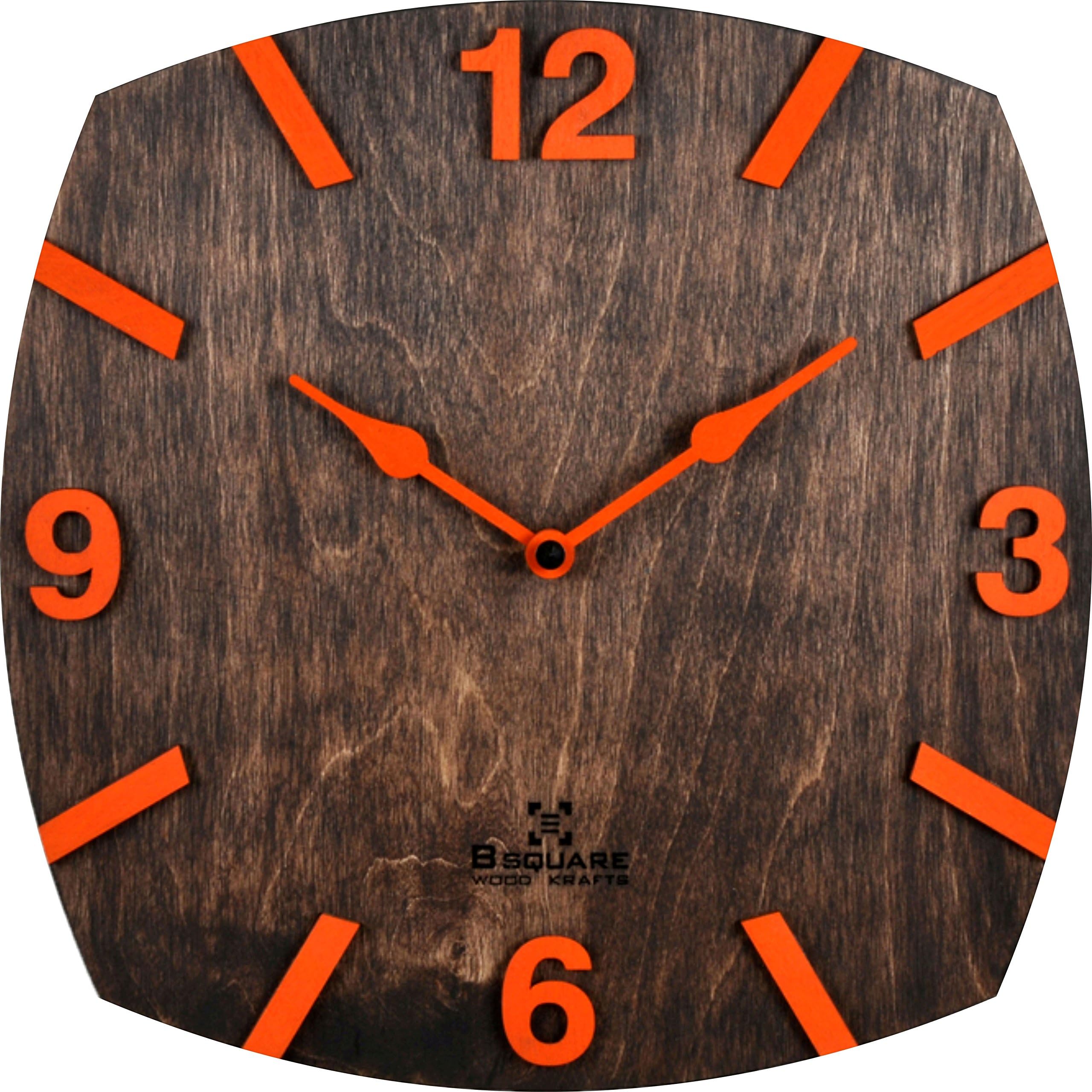 B Square 12 inches Handcrafted Natural Wooden Wall Clock Rustic Brown with Sweep (Silent) Movement BSWC044