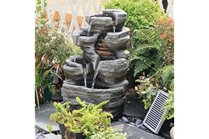 BUMILGAR 6-Tier Solar Water Fountain Outdoor, 24.4" H Cascading Rock Feature Garden Fountains and Waterfalls with Light, Pump, Solar Panel for The Patio, Deck, Porch, Backyard Home Décor, Stone Gray