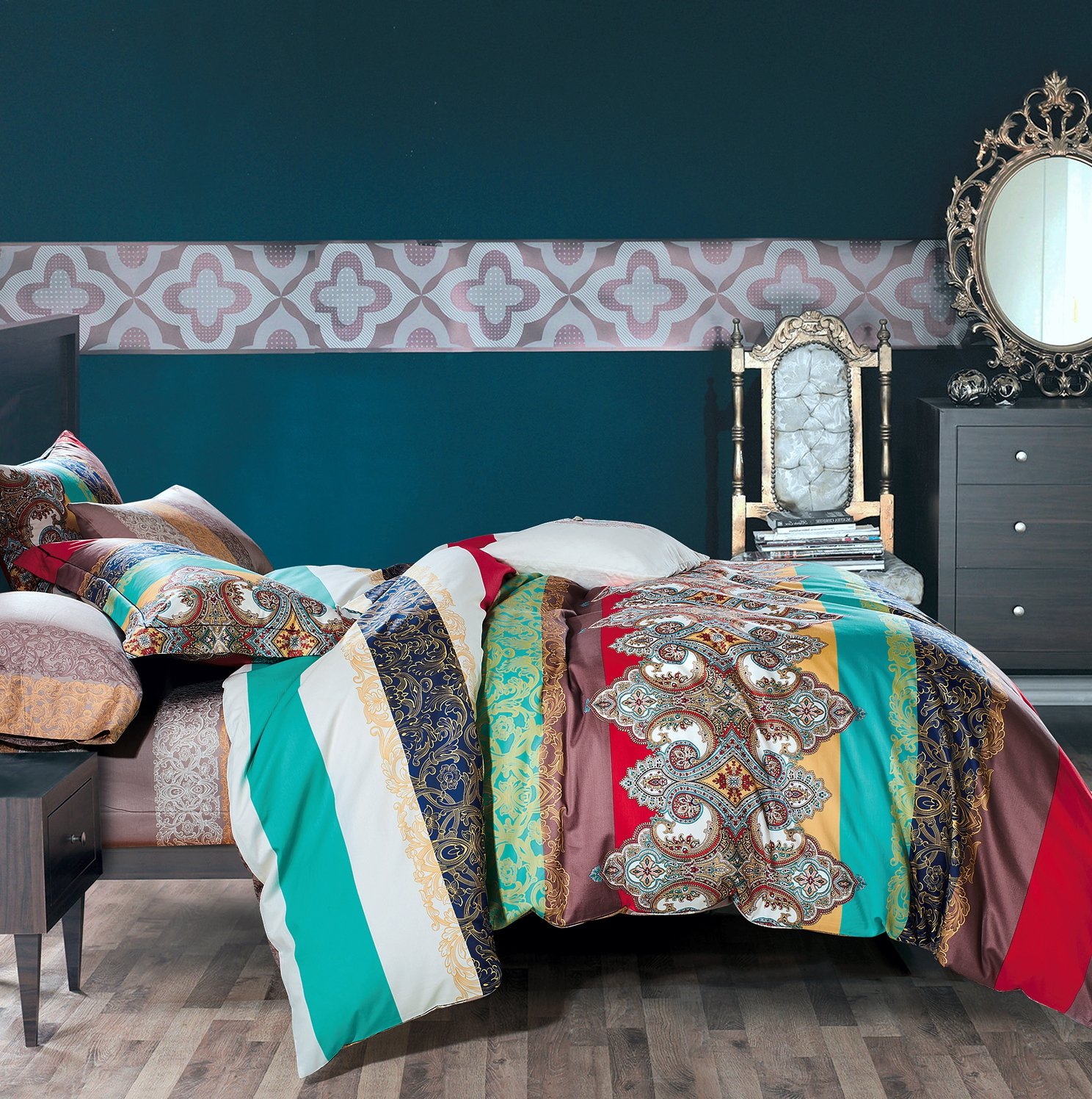 Bohemian Duvet Cover Striped Ethnic Boho Reversible Paisley Pattern Cotton Bedding 3