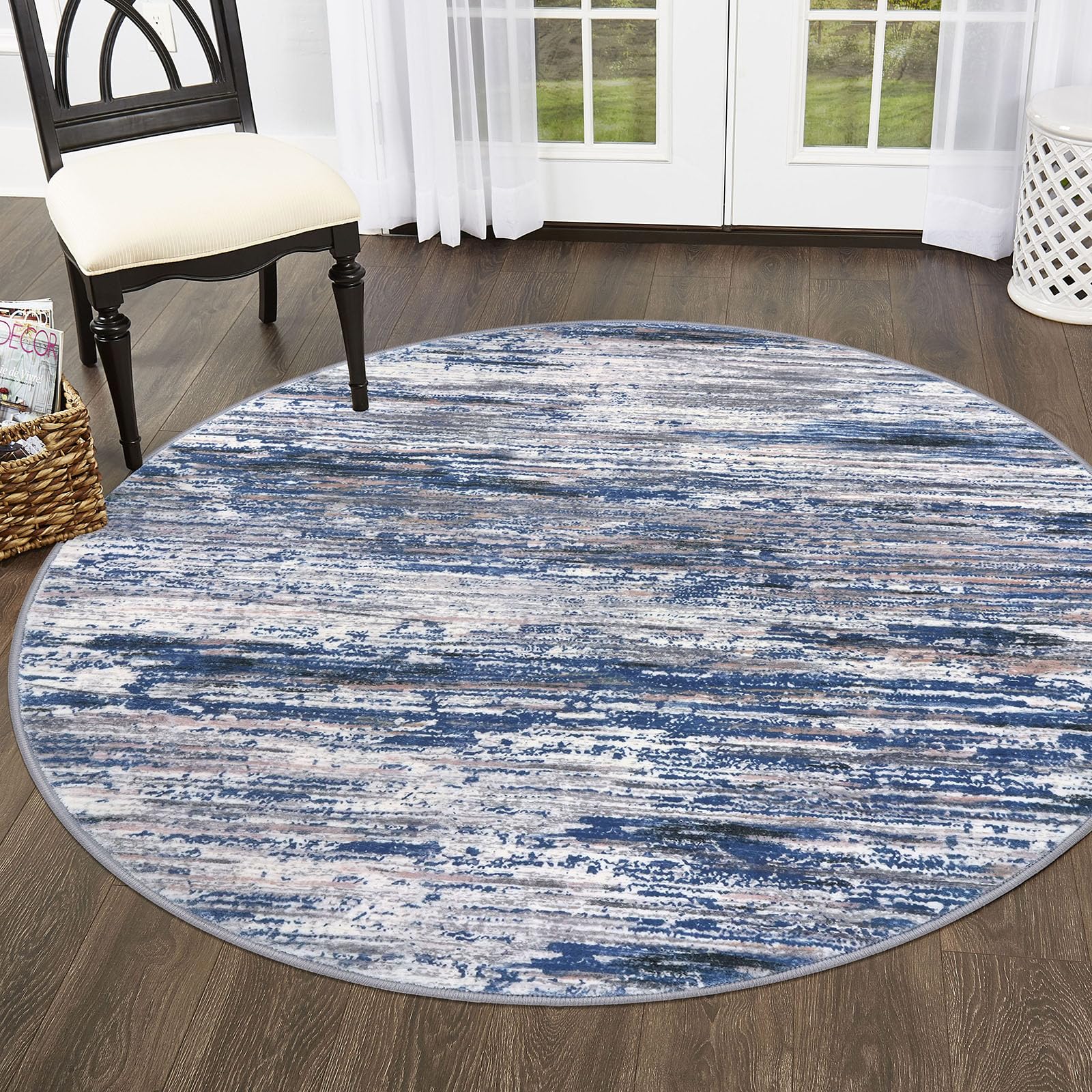 Photo 1 of SIILOOM 5' Round Rug Washable Rug for Entryway, Navy Blue Gray Neutral Multi Soft Non-Slip Area Rugs Modern Abstract Low-Pile Carpet, Neutral Vintage Circle Rugs for Living Room Dining Bedroom Foyer