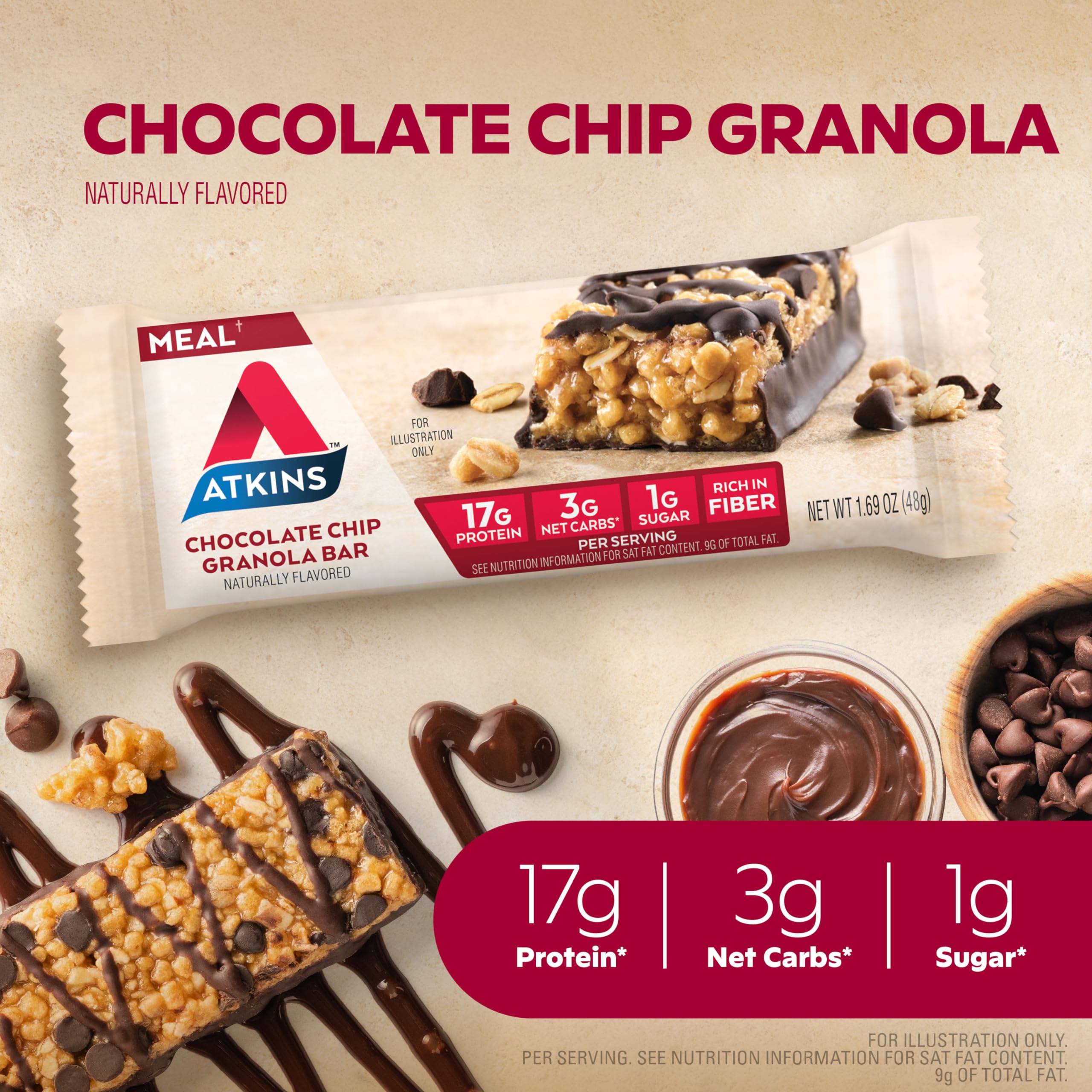 Atkins Chocolate Chip Granola Protein Meal Bar, High Fiber, 17g Protein