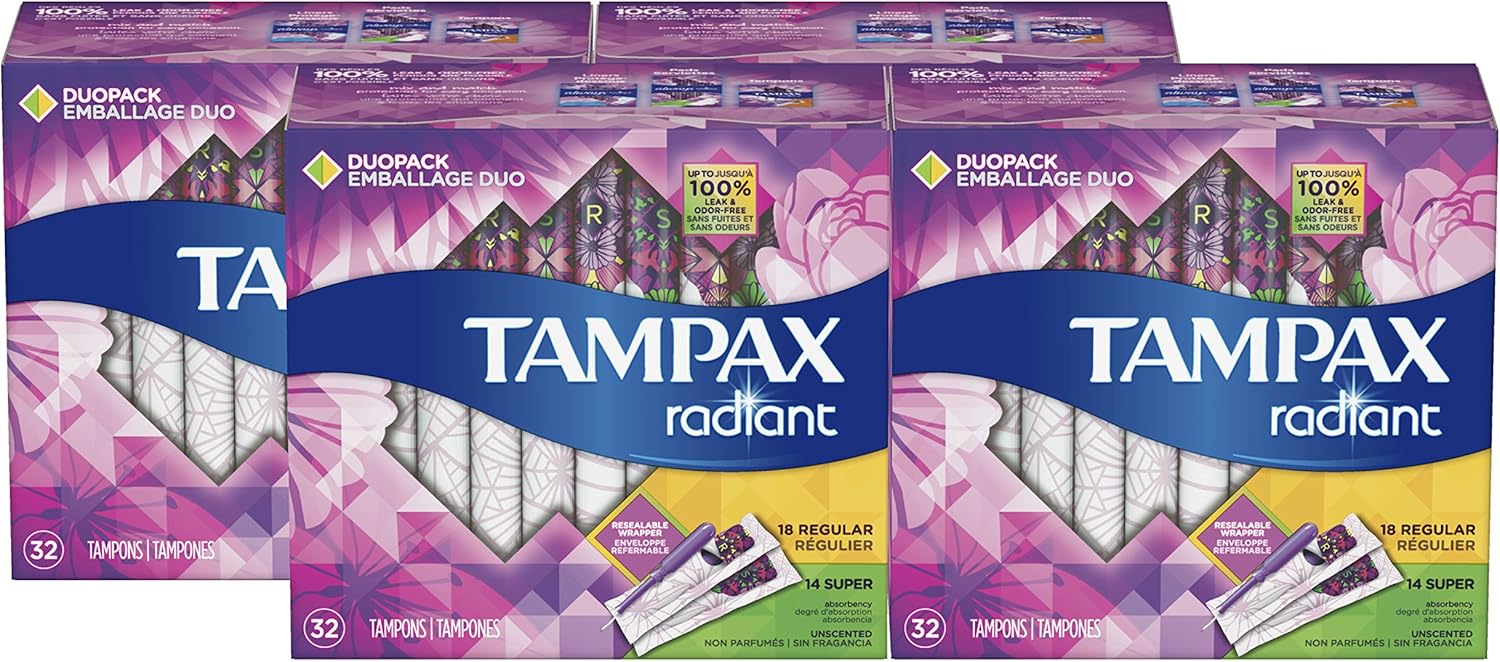Tampax Radiant Plastic Tampons, Regular/Super Absorbency Duopack, 112 Count, Unscented (28 Count, Pack of 4 - 112 Count Total): Health & Personal Care
