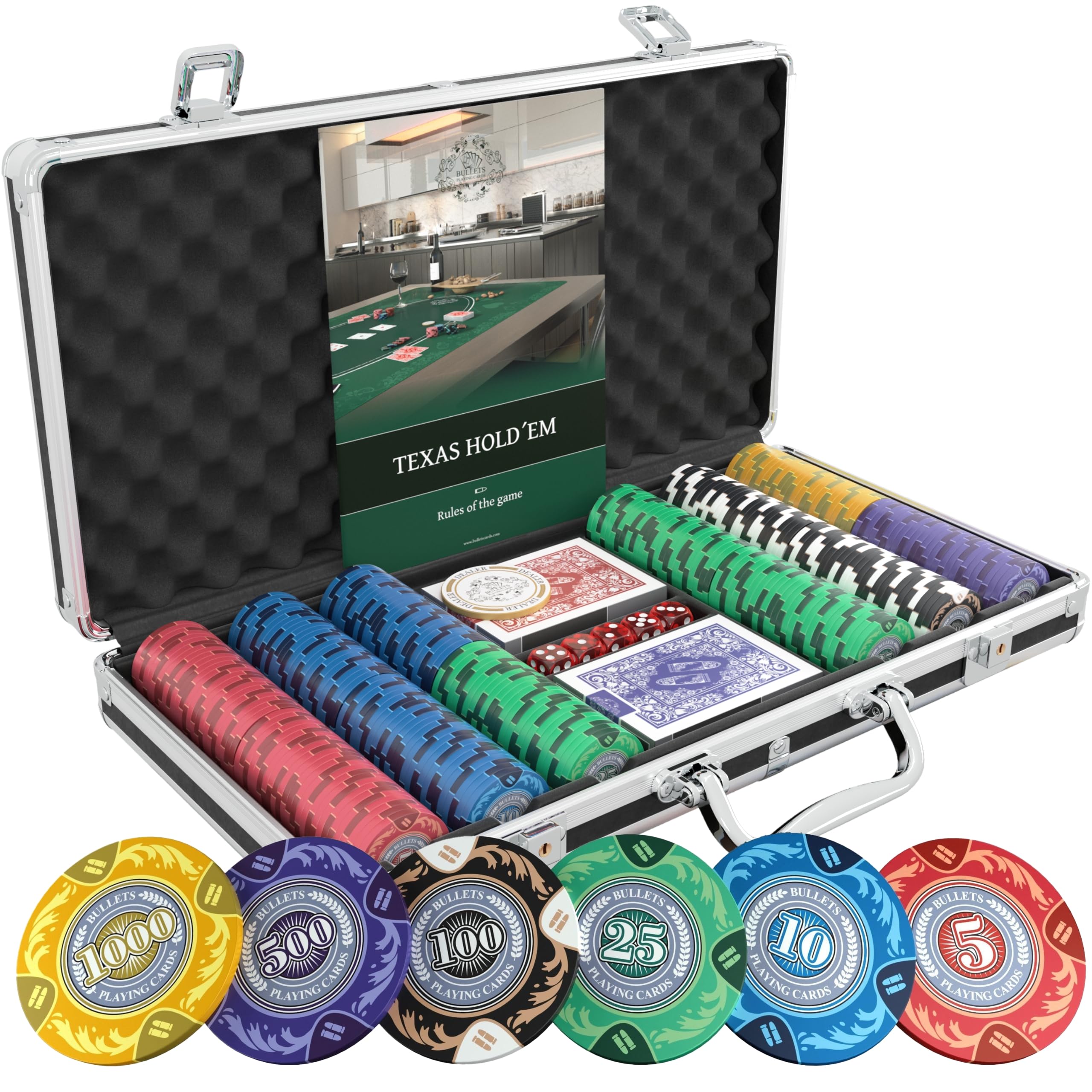 Bullets Playing Cards, Poker Set with 300 ‘Tony’ Clay Chips, Complete Professional Set for Texas Holdem Poker, Blackjack and other Casino Games, Five Dice, Playing Cards and Travel Case