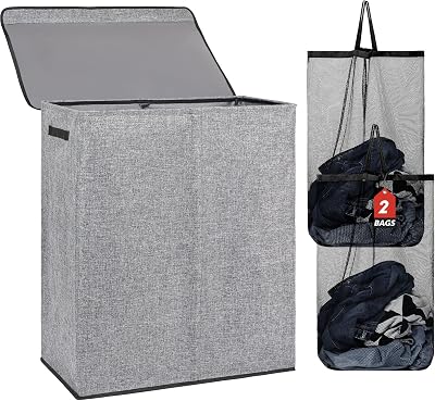 DOKEHOM 150L Double Laundry Basket with Lid and Removable Bags Grey