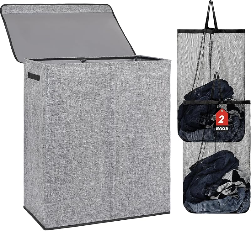 DOKEHOM 150L Double Laundry Basket with Lid and Removable Bags Grey