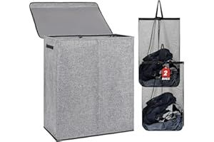 DOKEHOM 150L Double Laundry Basket with Lid and Removable Laundry Bags, Large Collapsible Laundry Hamper with 2 Sections for Bedroom, Bathroom, Laundry Room, Colloge (Grey)