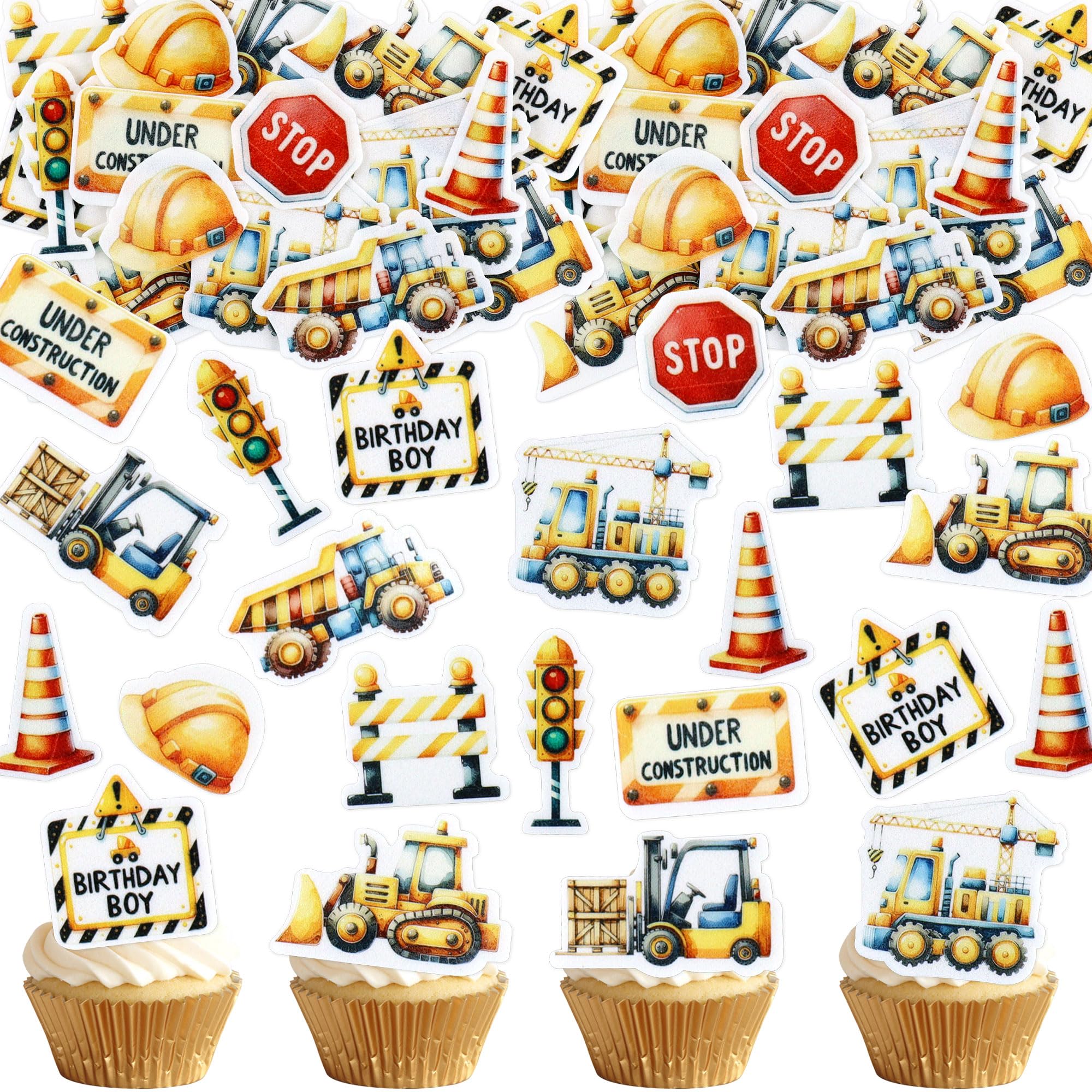 Photo 1 of **INCOMPLETE** Edible Construction Cupcake Toppers Under Construction Stop Sign Traffic Light Dump Truck Excavator Tractor Party Decorations Baby Shower Kids Birthday Party Supplies