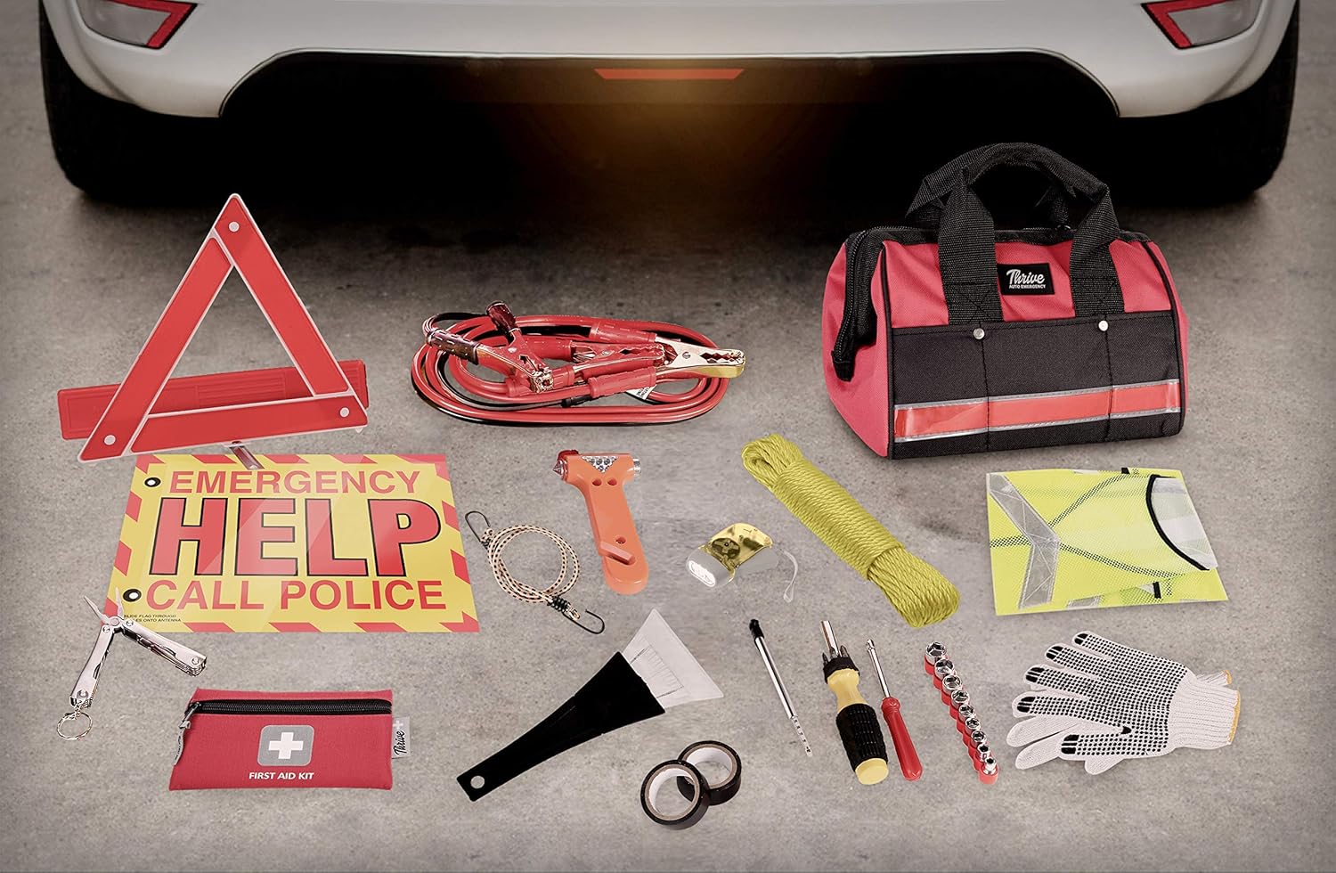 Thrive Auto Emergency Kit + First Aid Kit – Car Accessories Roadside Assistance & Survival Rugged Tool Bag with Jumper Cables, Reflective Safety Triangle and More - Cars Travel & Tow Essentials: Health & Personal Care