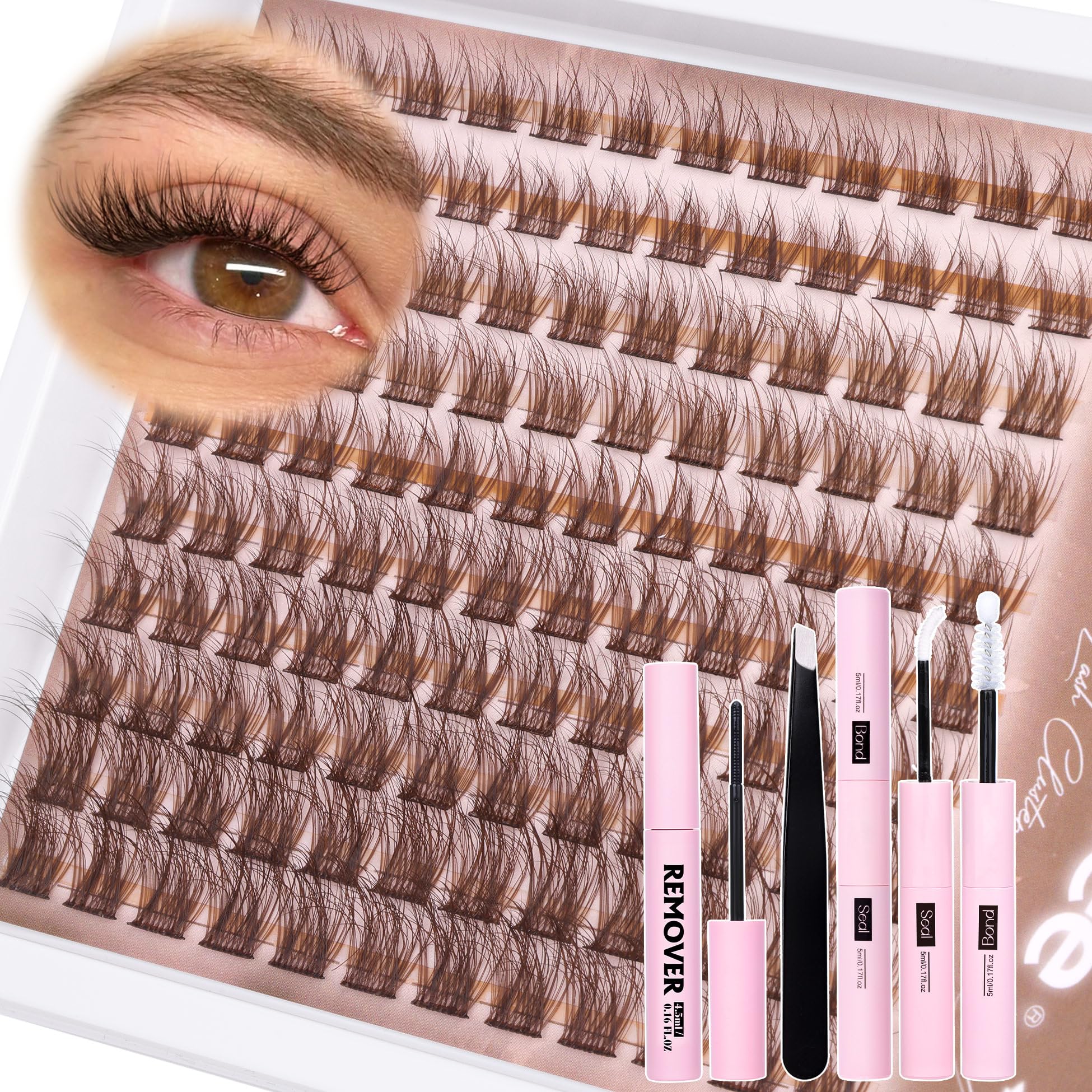 Brown Lash Clusters Kit Dark Brown Eyelash Clusters Gently Fluffy Individual Lashes Kit Natural DIY Lash Extensions Kit Brown Cluster Eyelash Extensions Kit with Lash Bond and Seal, Remover, Tweezers — image 1