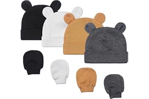 FITFIFTH POD Baby Girl Boy Cotton Cute Beanie Hat 0~6Months Double Layer Fabric 8PCS Infant Bear Ears Cap Anti-Scratch Gloves