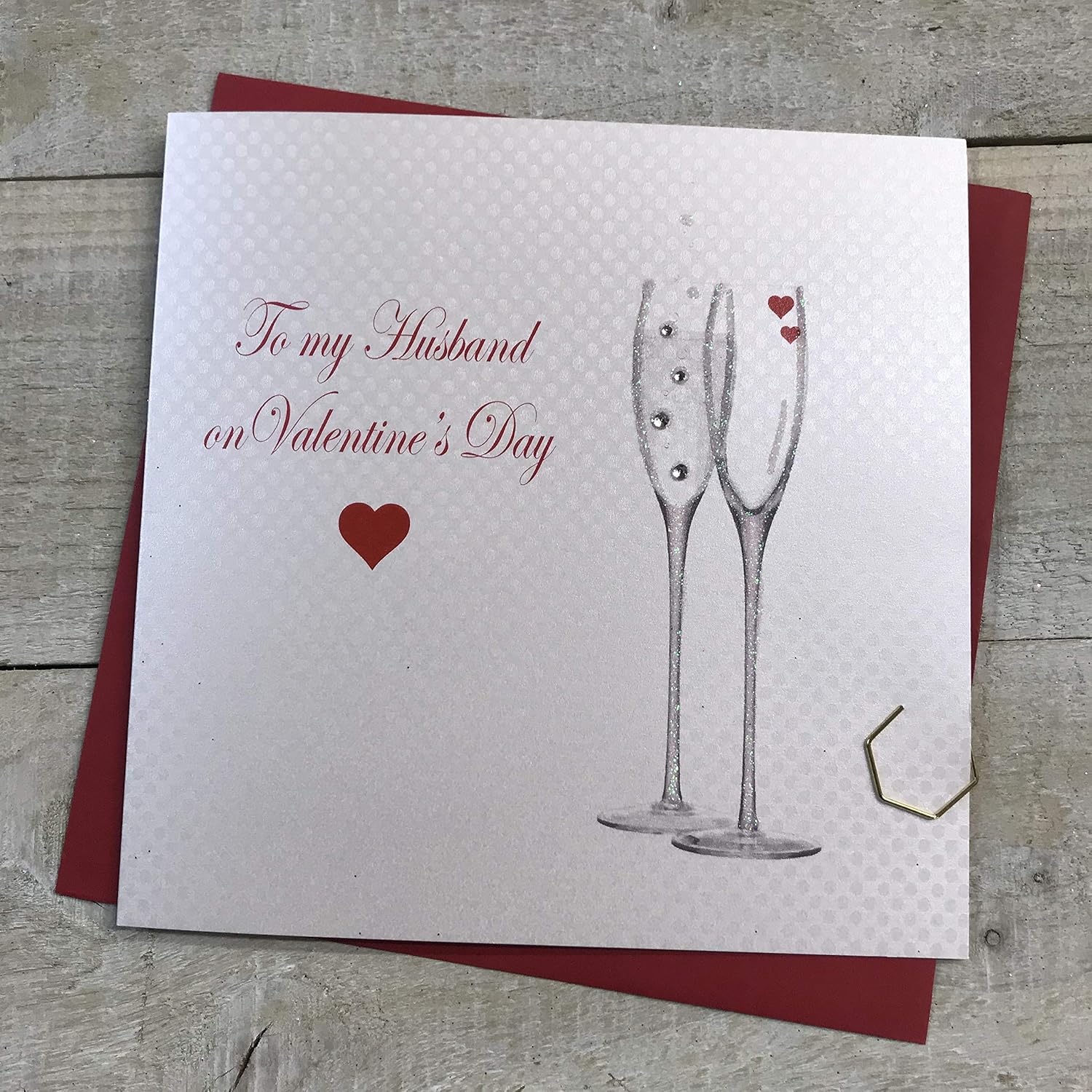 White Cotton Cards Champagne Flutes To My Husband On Valentine's Day Handmade Valentine's Day Card, White, V25-1