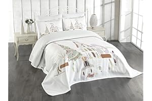 Lunarable Christmas Bedspread, Merry Xmas Eve in The Town Theme Celebration Time Cultural Artwork, Decorative Quilted 3 Piece Coverlet Set with 2 Pillow Shams, King Size, Beige Brown