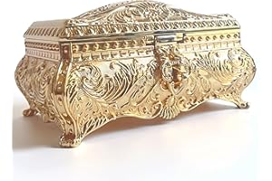 SIWOT Rectangular Classical Patterned Jewelry Box,Metal Retro European Scroll Design Treasure Storage Chest Case for Girls Women (Golden, Large)