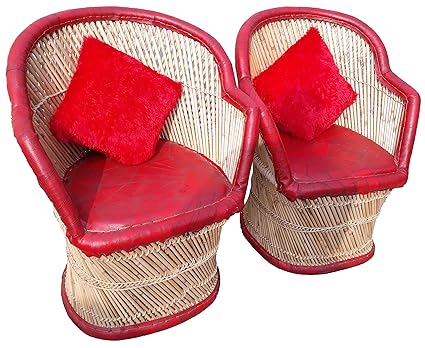 PatioStack Bamboo Leather Handicraft Outdoor Rattan & Wicker Sitting Chairs Furniture Set for Garden / Terrace / Lawn / Balcony / Restaurant / Cafe / Living Room / Drawing Room [ 2 Chairs, Size :18*18*34 ]