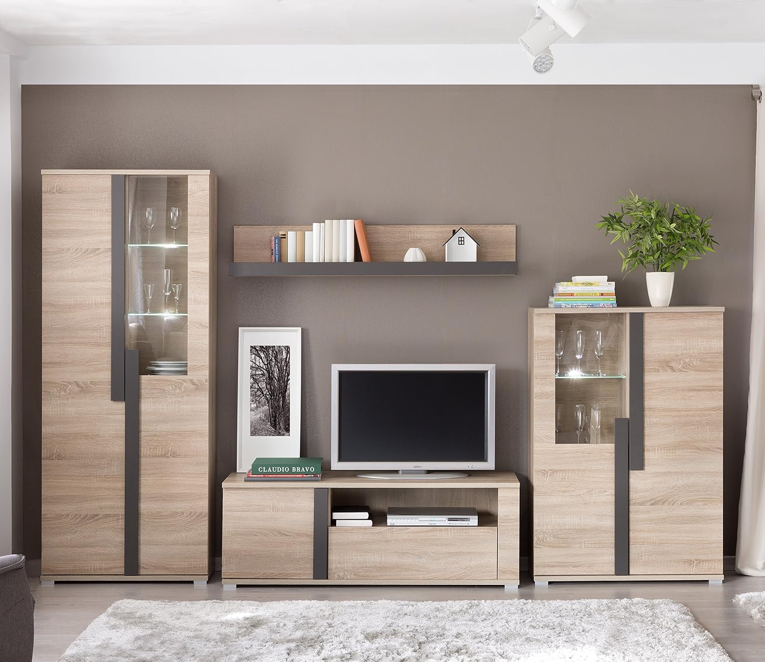 Mueble modular moderno de salón LINK de 320 cm formado por mueble tv y vitrinas