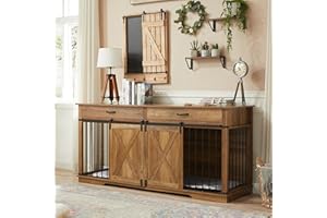 EDYO LIVING 72.5" Extra Large Furniture Style Double Dog Crates for Large Breeds, XXL Wooden Dog Kennel Furniture with Drawers, Divider, Water Resistant & Barn Door for 2 Dogs, Rustic Oak