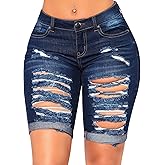 roswear Women's Distressed Knee Length Ripped Stretchy Jean Shorts