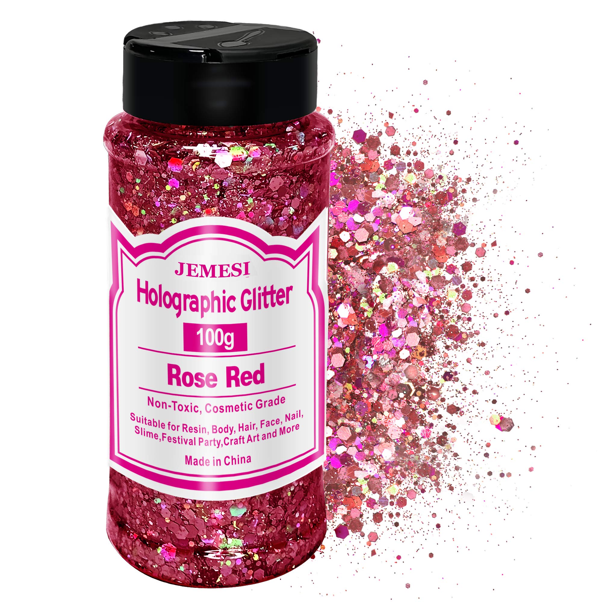 Holographic Chunky Glitter, JEMESI 100g Craft Glitter, Face Glitter, Cosmetic Grade Sequins Glitter for Body, Eyes, Epoxy Resin, Festival Party Art and More - Rose Red