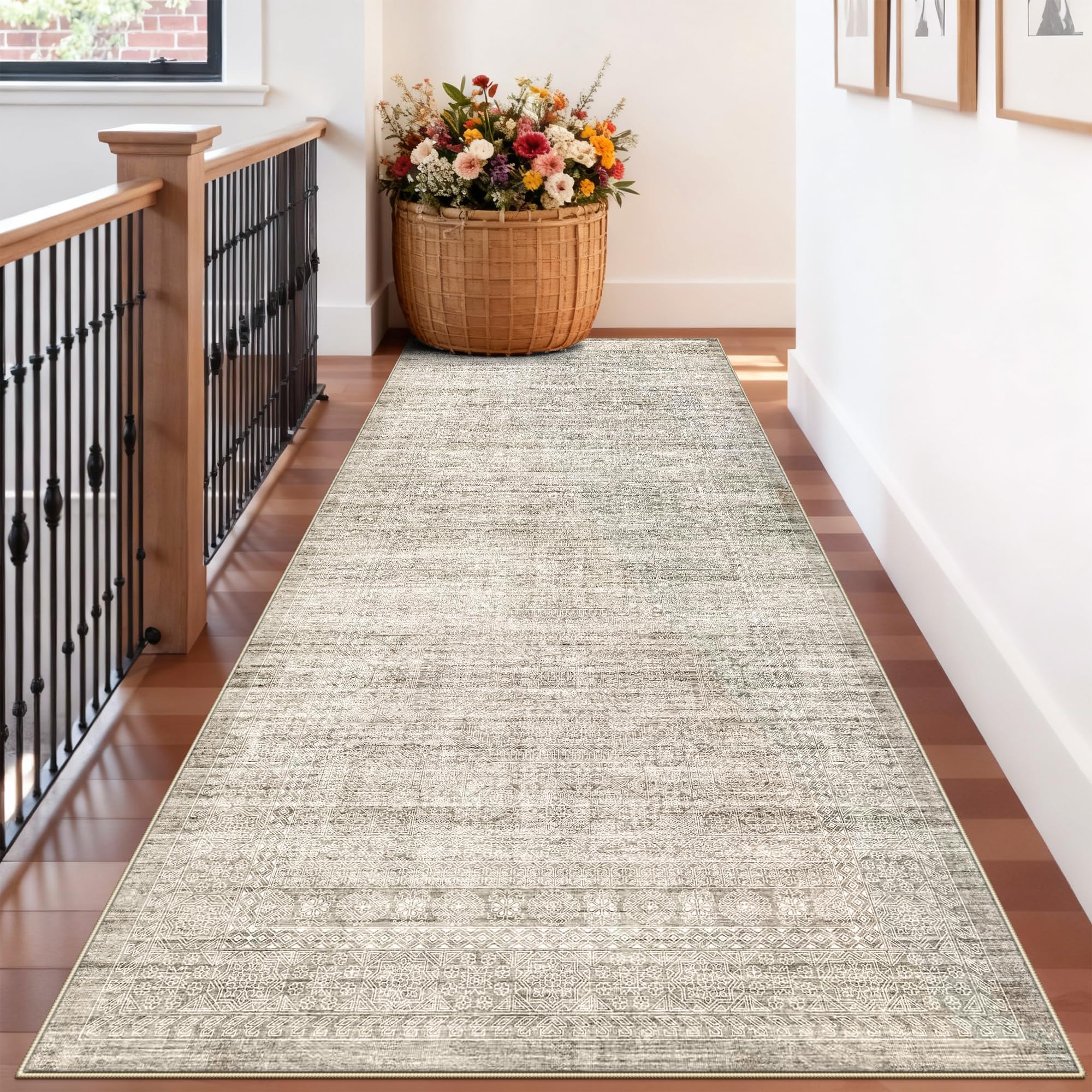 4x10 Neutral Kitchen Area Rug: Washable Soft Runner Rugs for Bedroom Living Room Water Resistant Hallway Bathroom Entryway Carpet with Non-Slip Backing Dining Room Nursery Floor Mat(4x10，Beige/Ivory) Image
