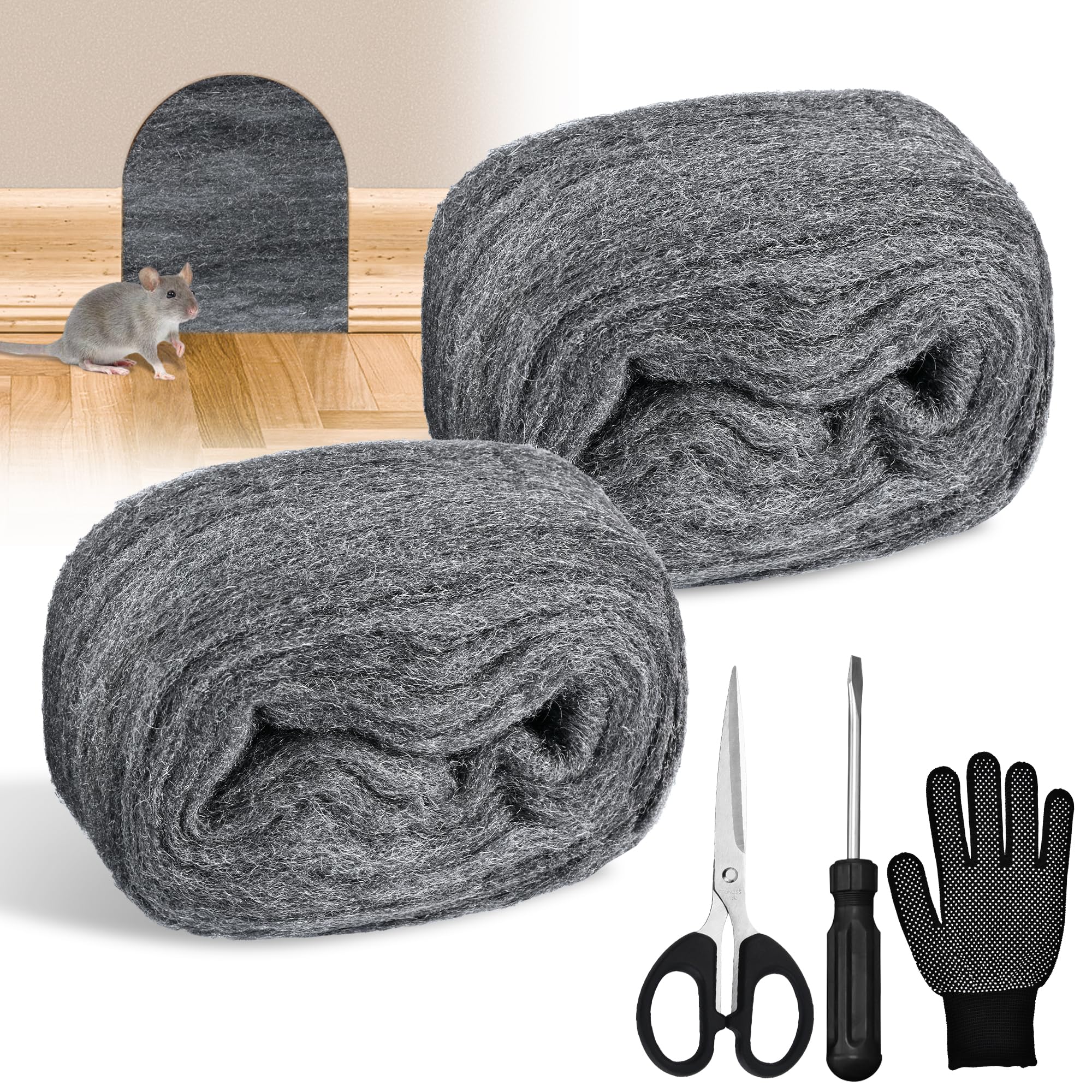DazSpirit 2 pcs Steel Wool Mice, 3 m 0000 Fine Steel Wool for Rodent Control with Gloves, Scissors and Screwdriver, Wire Wool for Sealing Gaps, Cleaning, Polishing