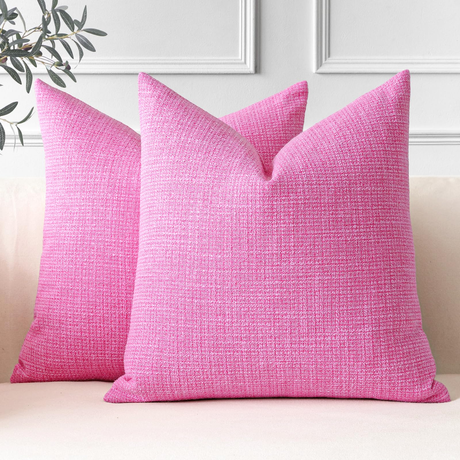 JOTOM Set of 2 Cushion Covers 45x45 cm Linen Hot Pink Decorative Throw Pillow Covers 18x18 Inch Square Cushion Case Home Decor Pillowcases for Couch Sofa Living Room Bed (Hot Pink)