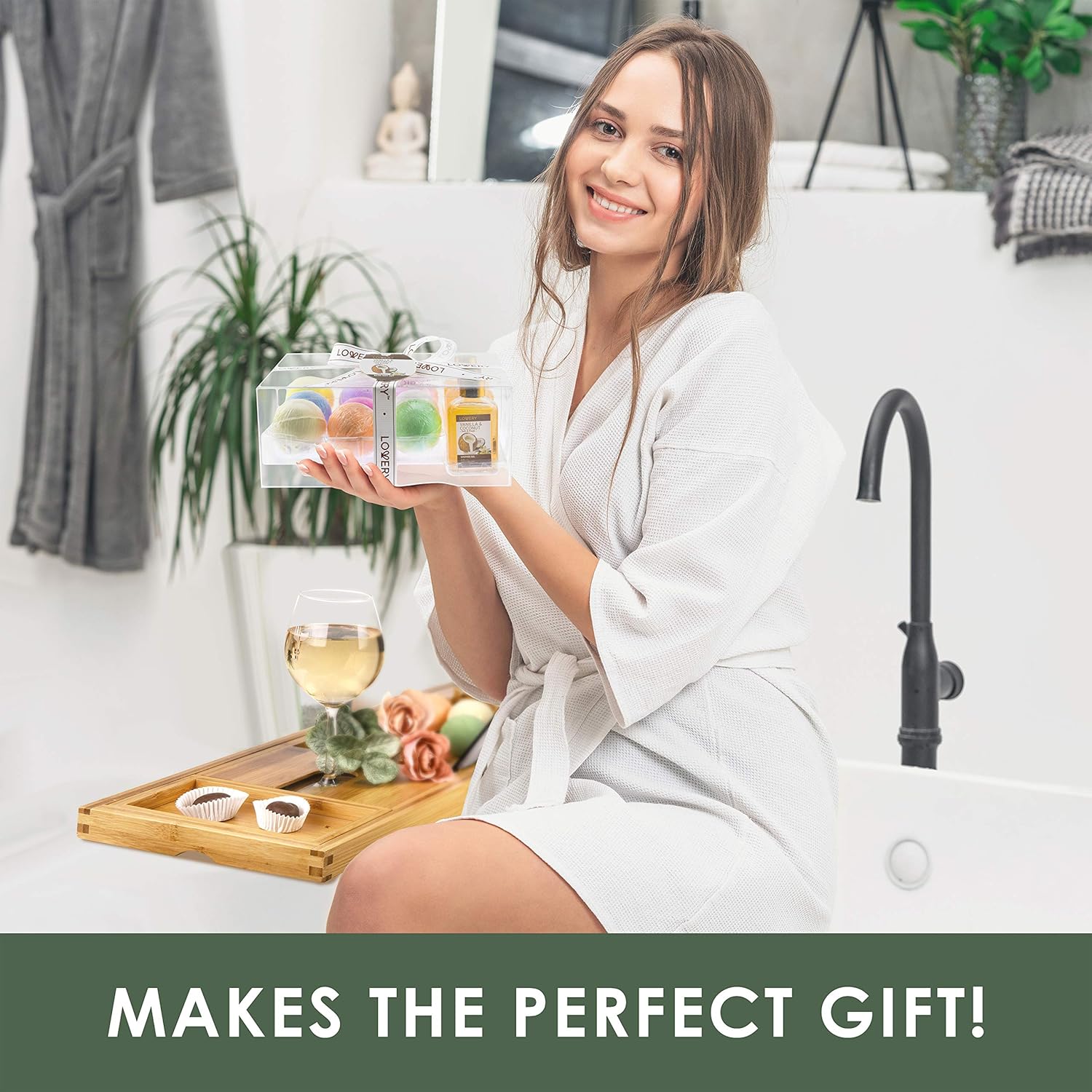 LOVERY Premium Bamboo Bathtub Caddy Tray Gift Set with Scented Bath Bombs, Shower Gel, Shampoo and Bubble Bath - Luxury Bathtub Tray with Book and Wine Holder - Expandable Tray to Fit Any Tub: Home & Kitchen